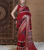 Red ajrak block zari silk blend sungudi saree