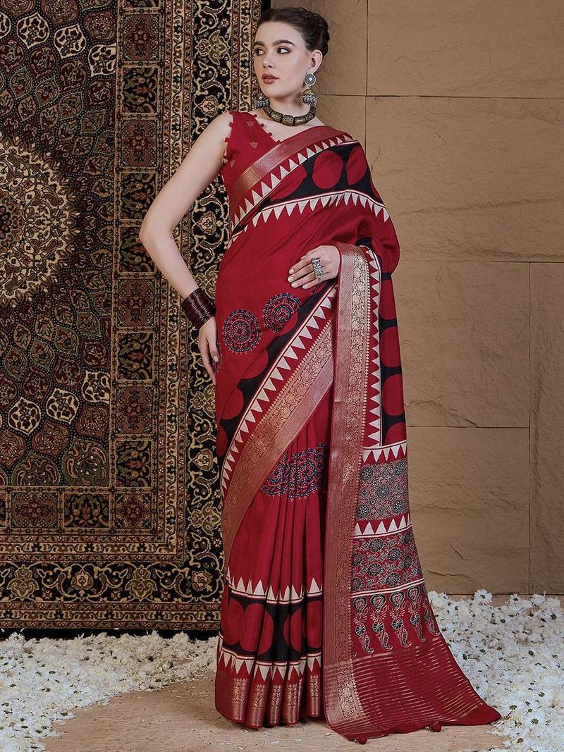 Red ajrak block zari silk blend sungudi saree