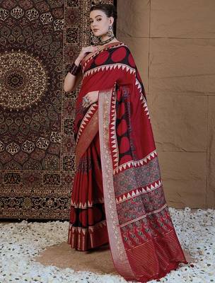 Red ajrak block zari silk blend sungudi saree 2