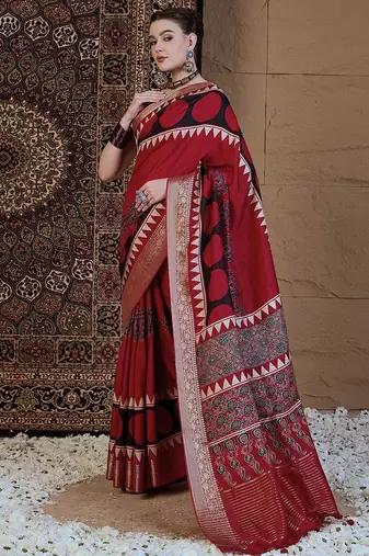Red ajrak block zari silk blend sungudi saree