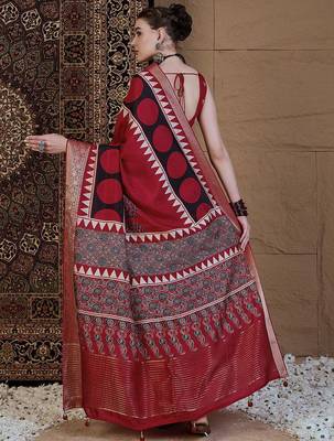 Red ajrak block zari silk blend sungudi saree 3