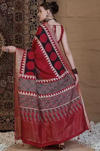 Red ajrak block zari silk blend sungudi saree