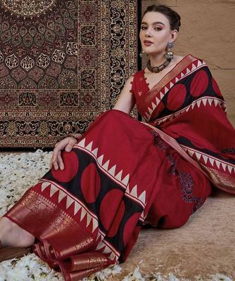Red ajrak block zari silk blend sungudi saree 4