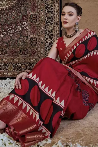 Red ajrak block zari silk blend sungudi saree
