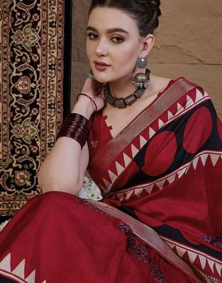 Red ajrak block zari silk blend sungudi saree 5
