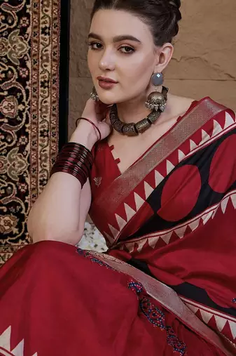 Red ajrak block zari silk blend sungudi saree