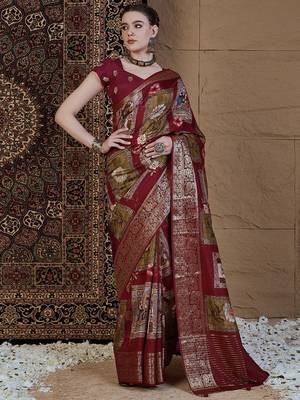 Maroon kalamkari zari silk blend sungudi saree 1