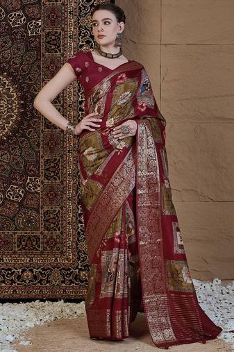 Maroon kalamkari zari silk blend sungudi saree