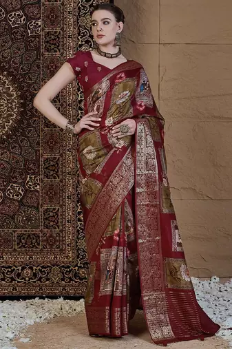 Maroon kalamkari zari silk blend sungudi saree