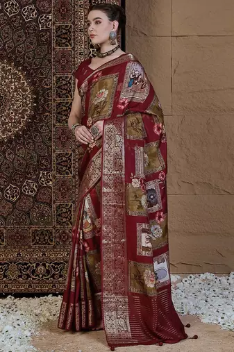 Maroon kalamkari zari silk blend sungudi saree