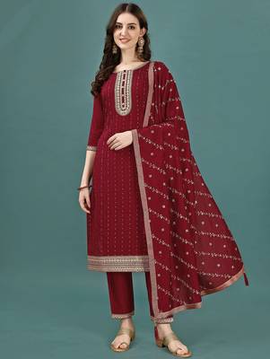 floral yoke design sequinned straight kurta with trousers & dupatta 1