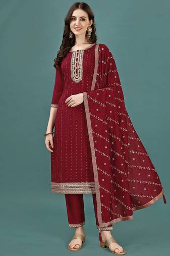 floral yoke design sequinned straight kurta with trousers & dupatta