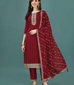 floral yoke design sequinned straight kurta with trousers & dupatta