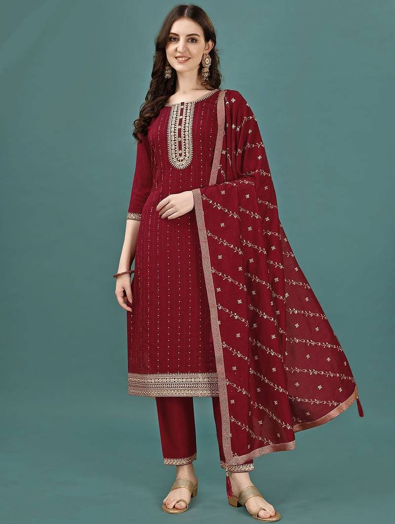 floral yoke design sequinned straight kurta with trousers & dupatta