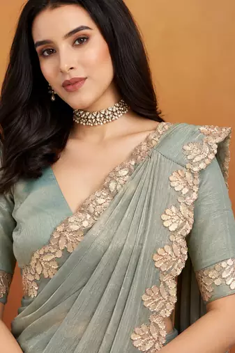 Shoulder pre-pleated solid two-tone pure chiffon ready to wear saree with aari work