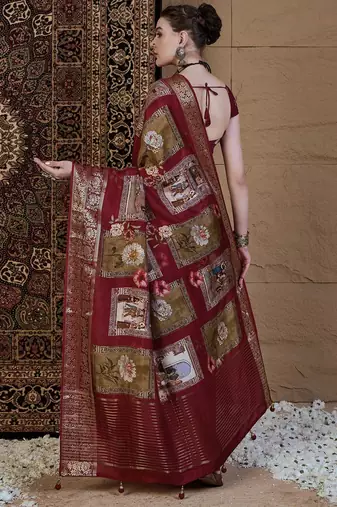 Maroon kalamkari zari silk blend sungudi saree