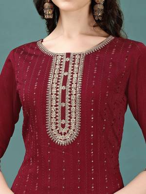 floral yoke design sequinned straight kurta with trousers & dupatta 2