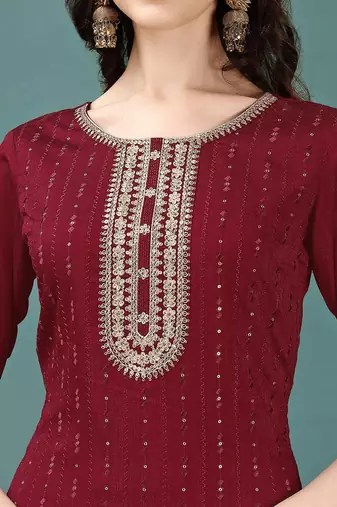floral yoke design sequinned straight kurta with trousers & dupatta
