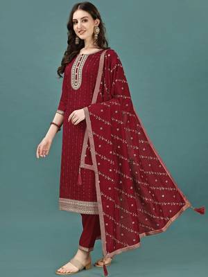 floral yoke design sequinned straight kurta with trousers & dupatta 3