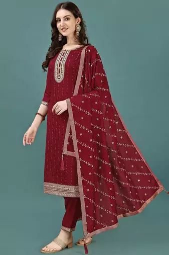 floral yoke design sequinned straight kurta with trousers & dupatta