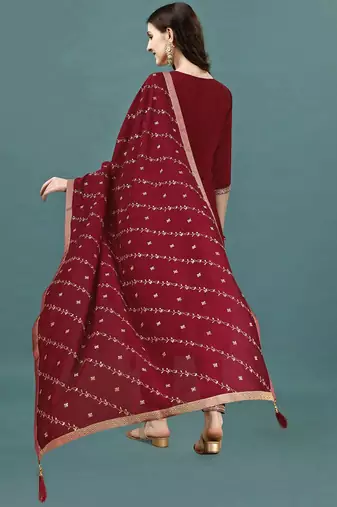 floral yoke design sequinned straight kurta with trousers & dupatta