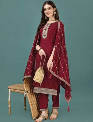 floral yoke design sequinned straight kurta with trousers & dupatta 5