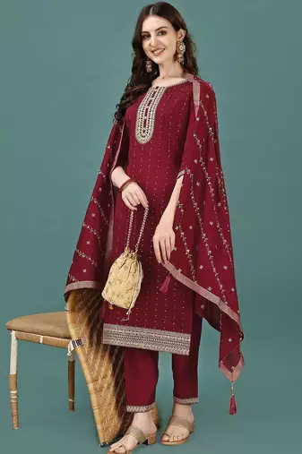 floral yoke design sequinned straight kurta with trousers & dupatta