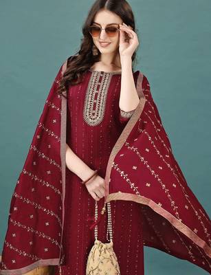 floral yoke design sequinned straight kurta with trousers & dupatta 6
