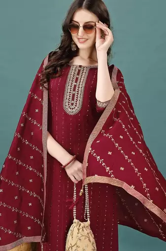 floral yoke design sequinned straight kurta with trousers & dupatta