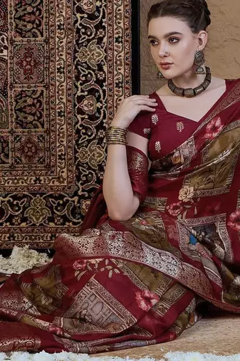 Maroon kalamkari zari silk blend sungudi saree