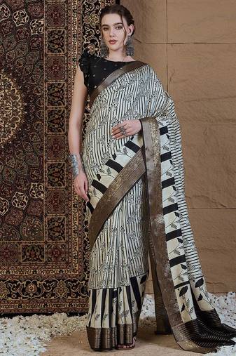Off white floral zari silk blend sungudi saree