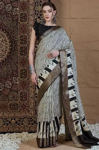 Off white floral zari silk blend sungudi saree