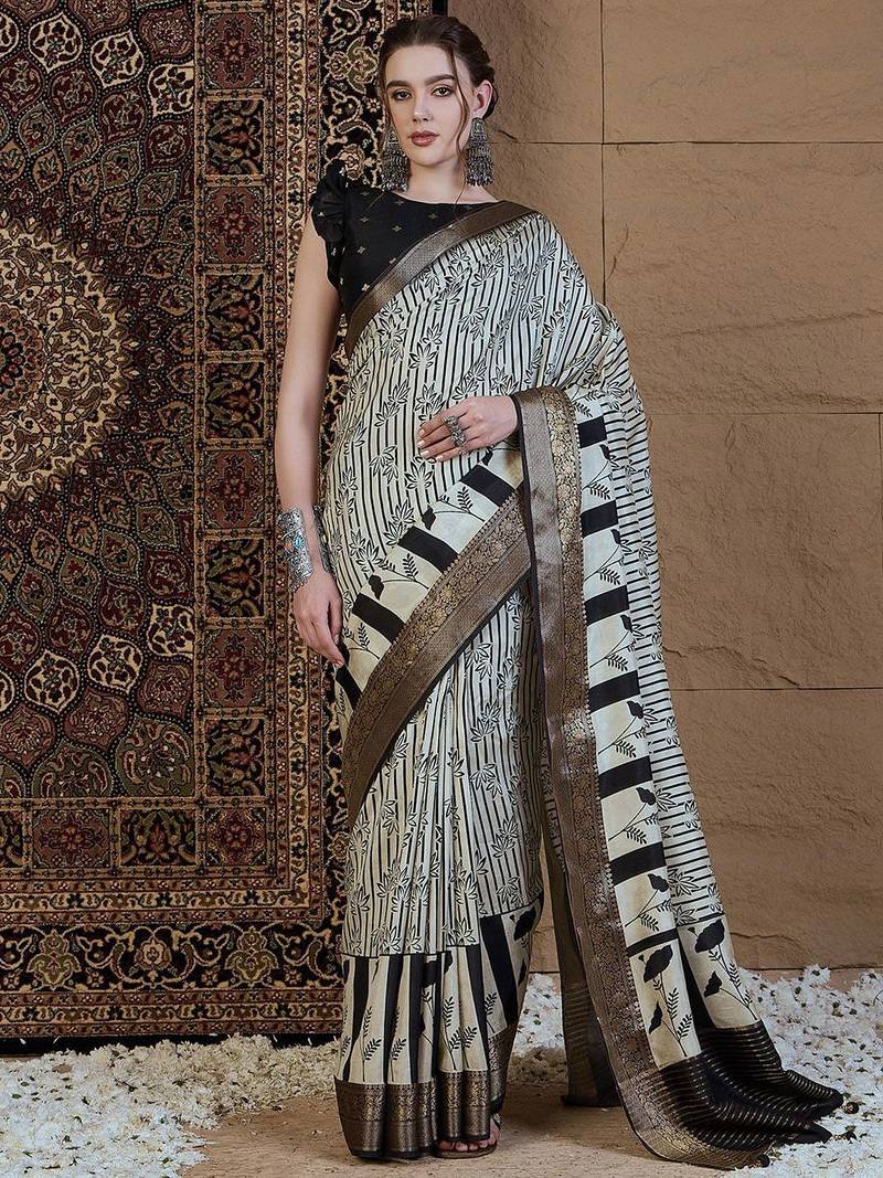 Off white floral zari silk blend sungudi saree