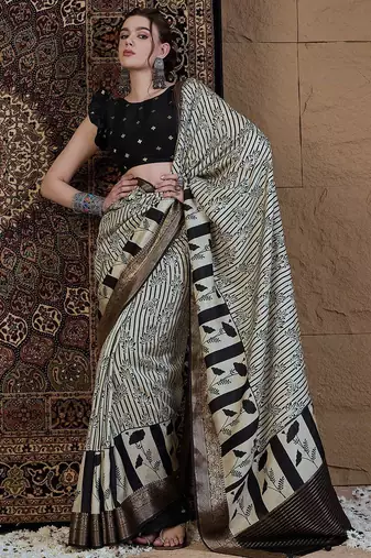 Off white floral zari silk blend sungudi saree