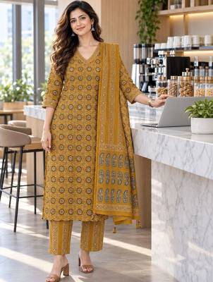 women ethnic motifs printed regular  cotton kurta with trousers & with dupatta 1