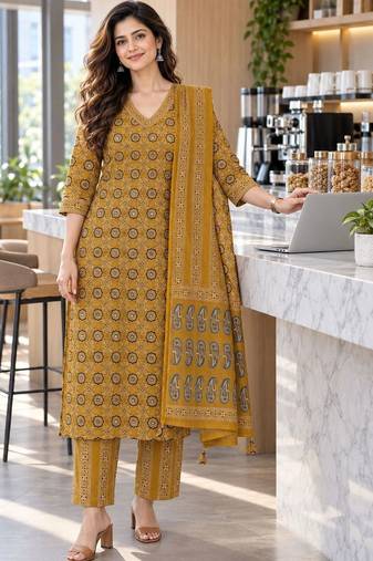 women ethnic motifs printed regular  cotton kurta with trousers & with dupatta