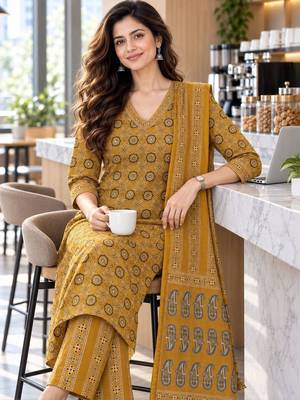 women ethnic motifs printed regular  cotton kurta with trousers & with dupatta 3