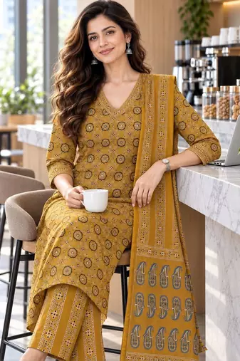 women ethnic motifs printed regular  cotton kurta with trousers & with dupatta