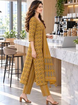 women ethnic motifs printed regular  cotton kurta with trousers & with dupatta 4