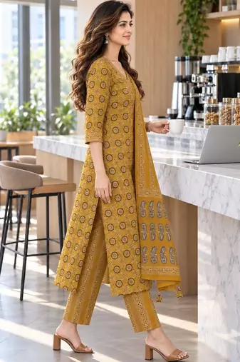 women ethnic motifs printed regular  cotton kurta with trousers & with dupatta