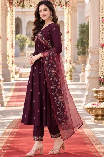 floral embroidered thread work  silk kurta with trousers & dupatta