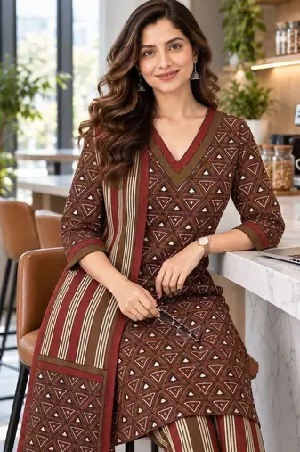 women printed regular  cotton kurta with trousers & with dupatta