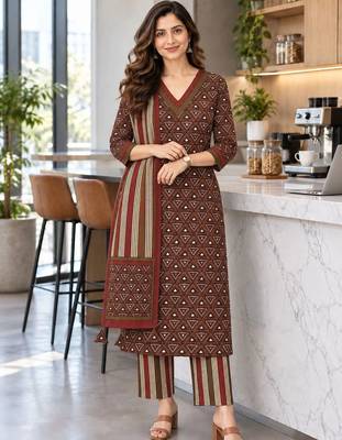 women printed regular  cotton kurta with trousers & with dupatta 1