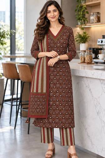 women printed regular  cotton kurta with trousers & with dupatta