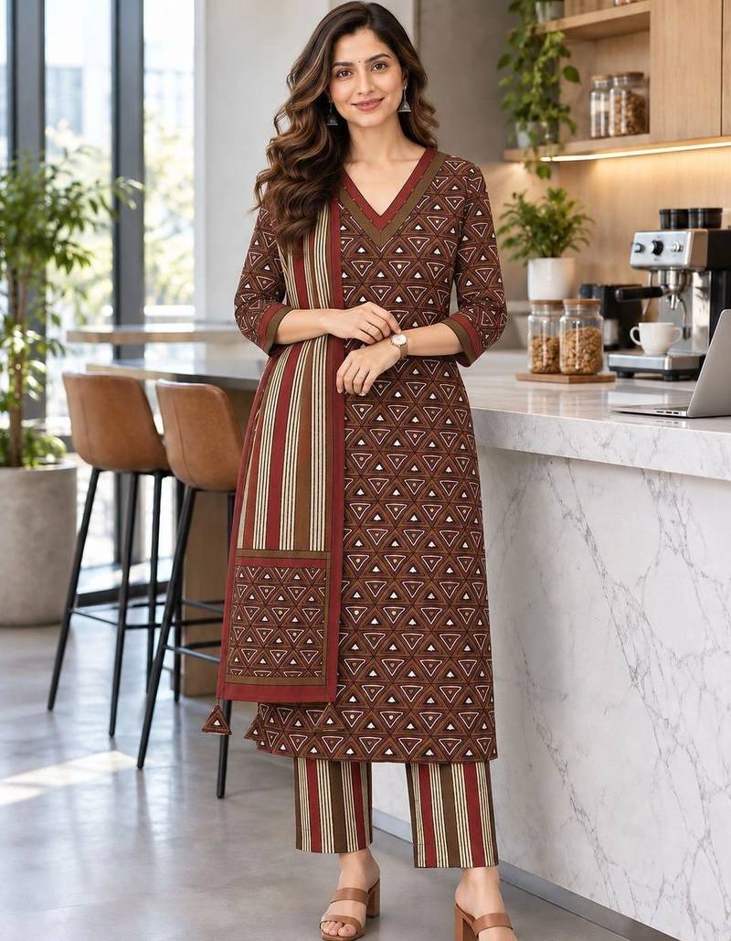 women printed regular  cotton kurta with trousers & with dupatta