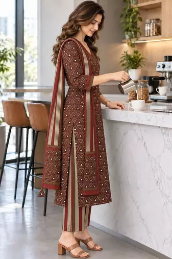 women printed regular  cotton kurta with trousers & with dupatta