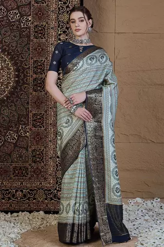 Blue ethnic motifs zari silk blend sungudi saree