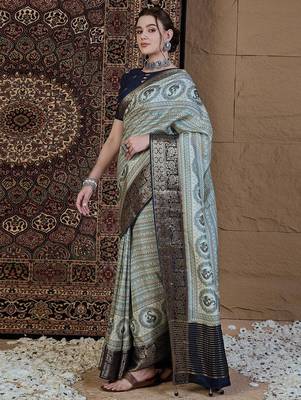 Blue ethnic motifs zari silk blend sungudi saree 2