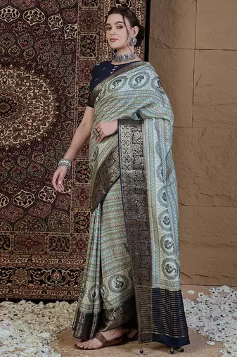 Blue ethnic motifs zari silk blend sungudi saree