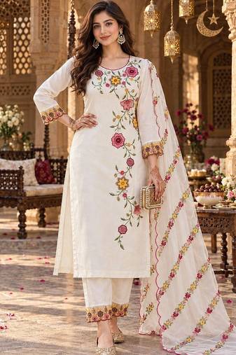 floral embroidered thread work chanderi silk kurta with trousers & dupatta